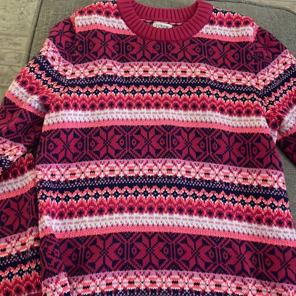 J. Crew Pink and Red Patterned Crew Neck Sweater